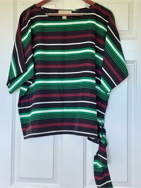 Michael Kors Black, Green & Burgundy Striped Side-Tie Blouse